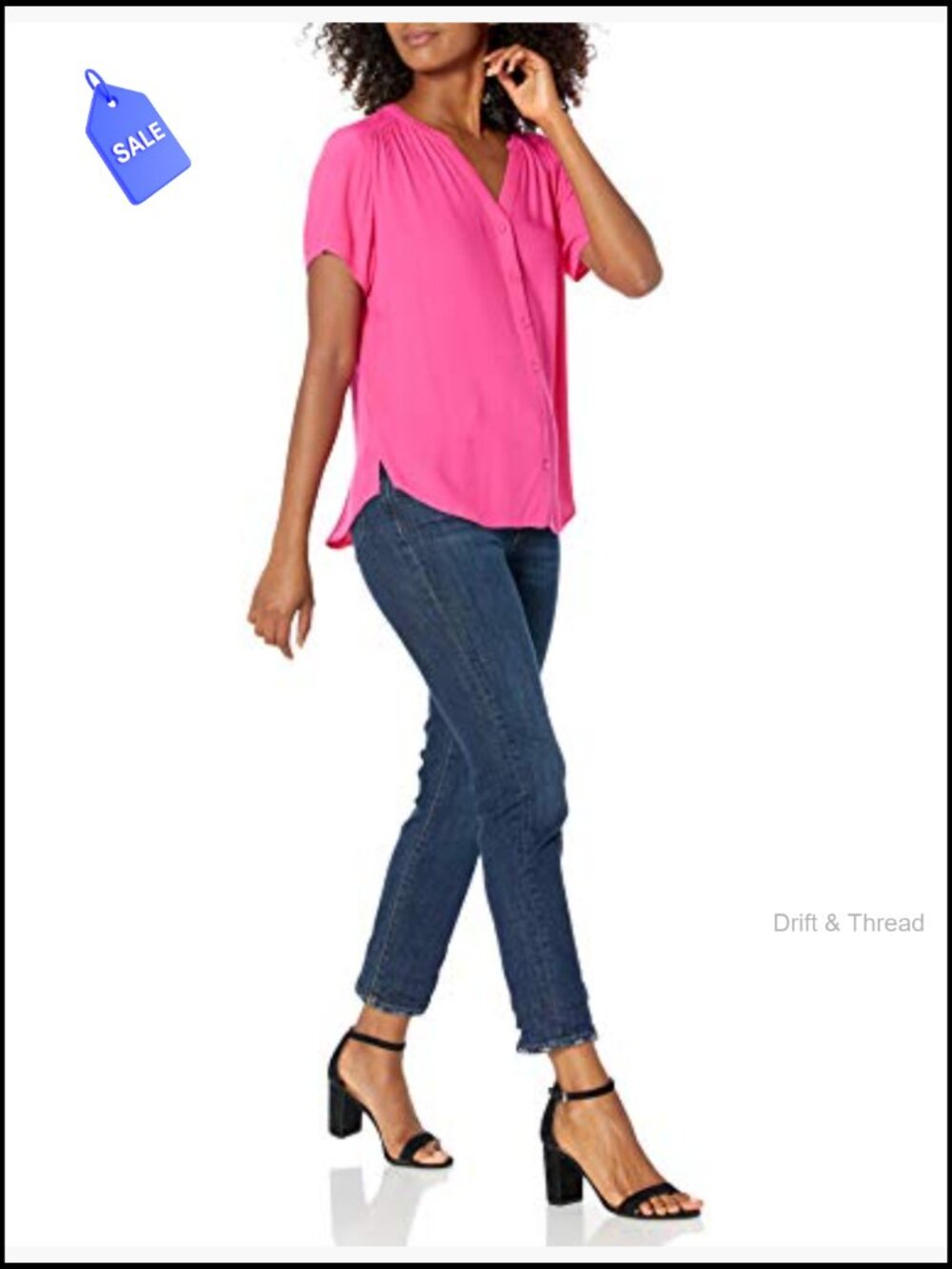 Relaxed Fit V-Neck Short Sleeve Woven Blouse - Picture 5 of 7